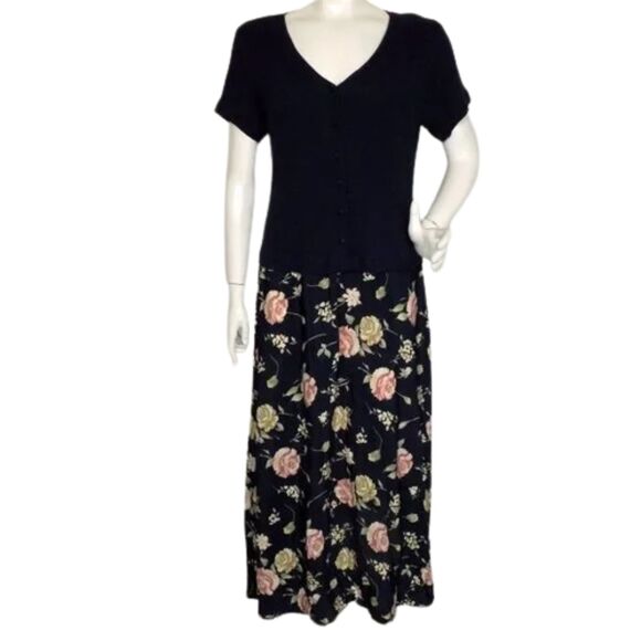new EXPRESSIONS Dress, L, Vintage, Ribbed Blue Upper/Poly Maxi Skirt, Short slv - Picture 1 of 10